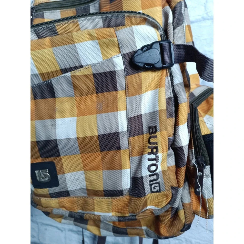 Burton Plaid Backpack Yellow Brown Checkered Multi Pocket Outdoors Travel Bag